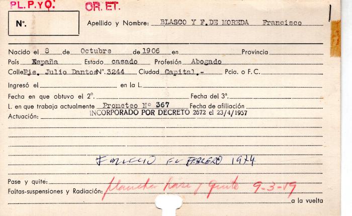 Ficha de miembro de Francisco Blasco  Fernandez de Moreda.