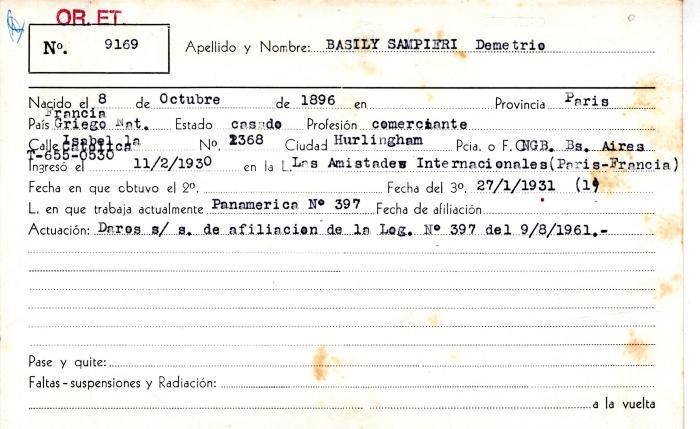 Ficha de miembro de Demetrio Basily Sampieri.