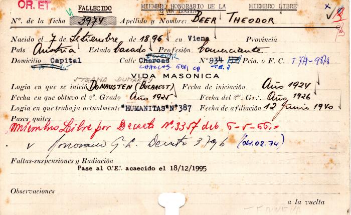 Ficha de miembro de Theodor Beer.