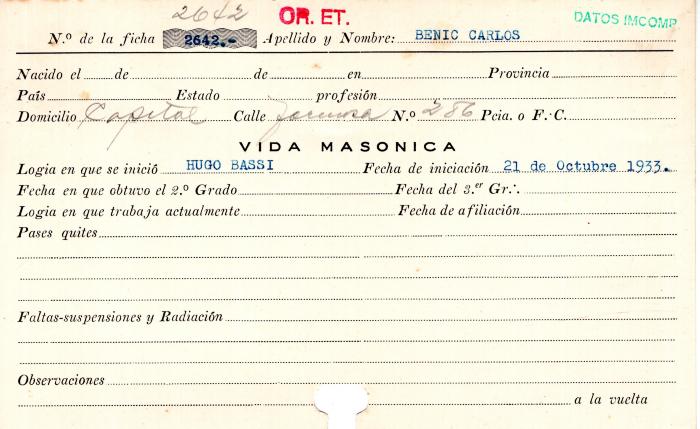Ficha de miembro de Carlos Benic.