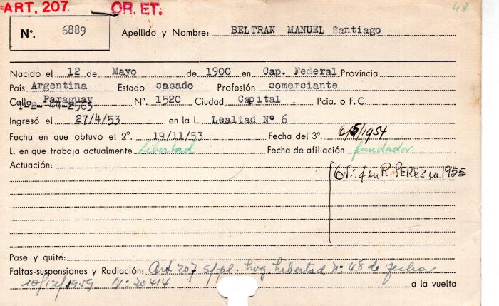 Ficha de miembro de Manuel Santiago Beltran.