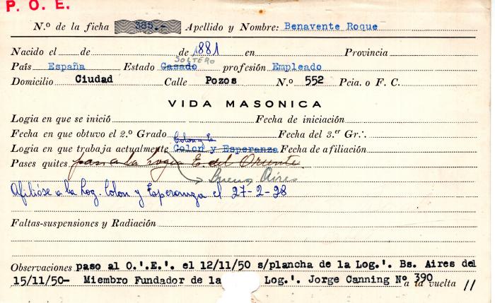 Ficha de miembro de Roque Benavente.