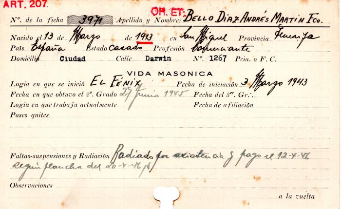 Ficha de miembro de Andrés Martín Fco. Bello Díaz.