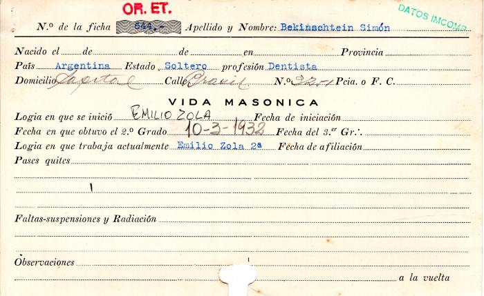 Ficha de miembro de Simón Bekinschtein.