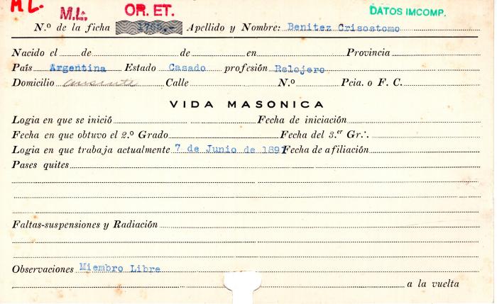 Ficha de miembro de Crisostomo Benitez.