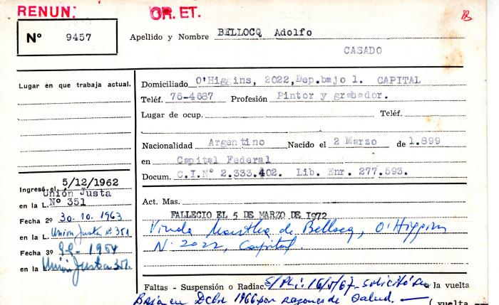 Ficha de miembro de Adolfo Bellocq.