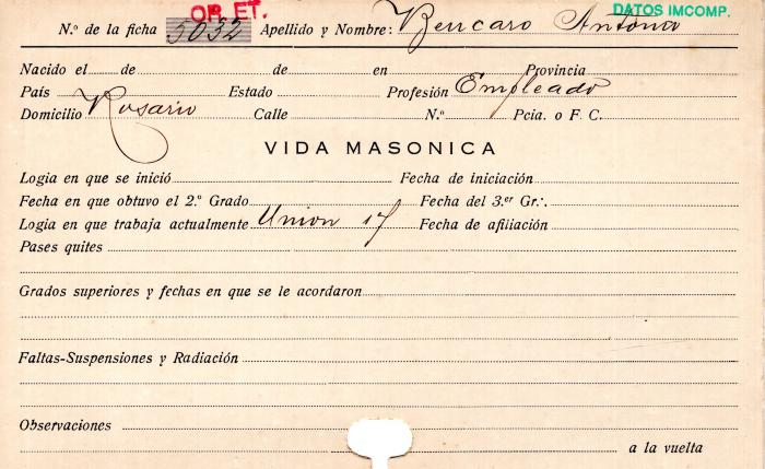 Ficha de miembro de Antonio Bencaro.