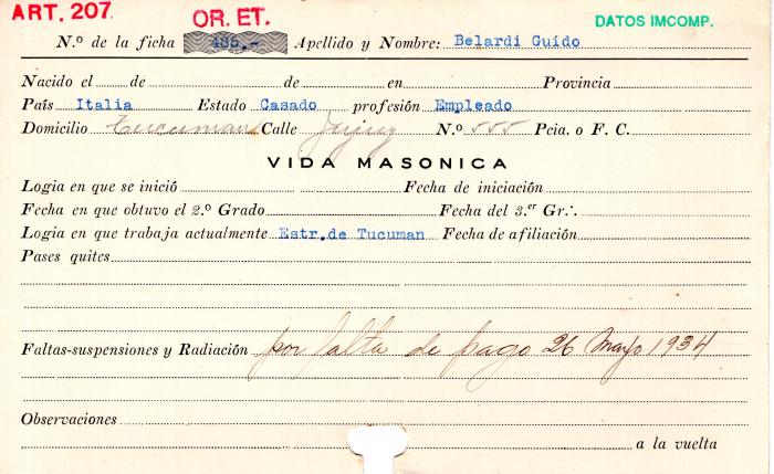 Ficha de miembro de Guido Belardi.