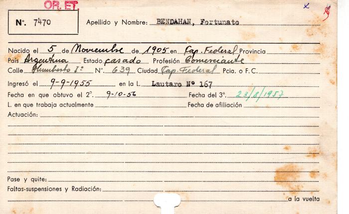 Ficha de miembro de Furtunato Bendahan.