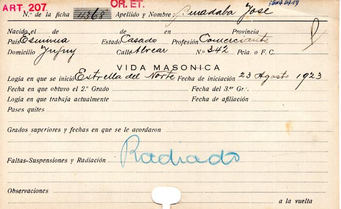 Ficha de miembro de José Benadaba.