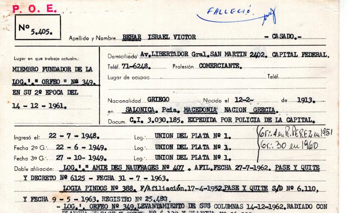 Ficha de miembro de Israel Victor Behar.