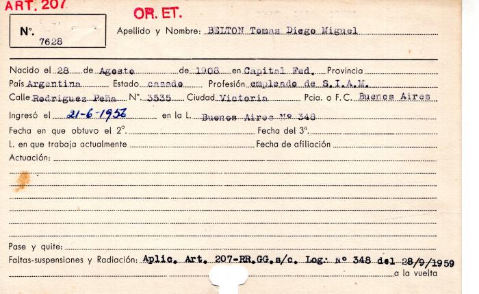 Ficha de miembro de Tomás Diego Miguel Belton.