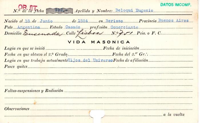 Ficha de miembro de Eugenio Beloqui.