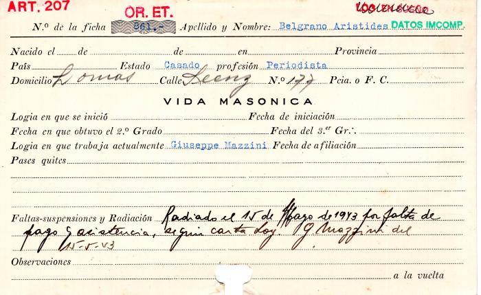 Ficha de miembro de Arístides Belgrano.
