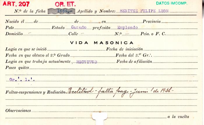 Ficha de miembro de Felipe León Benitez.