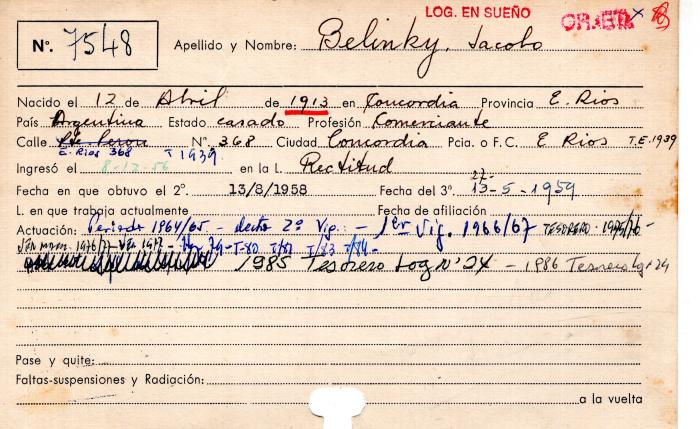 Ficha de miembro de Jacobo Belinky.