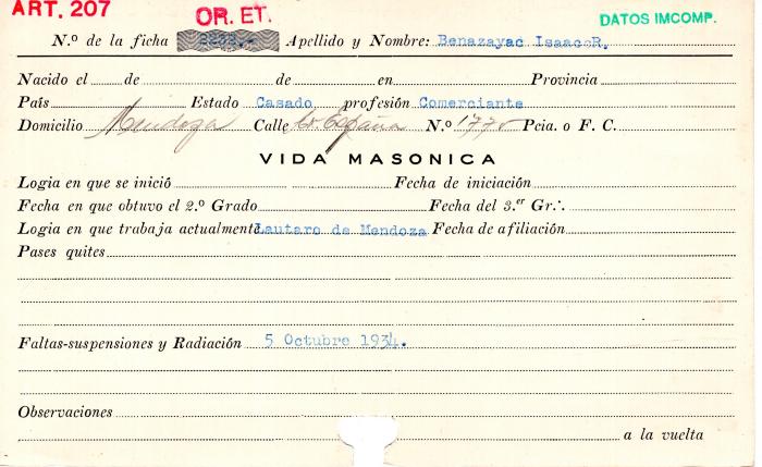 Ficha de miembro de Isaac R. Benazayac.