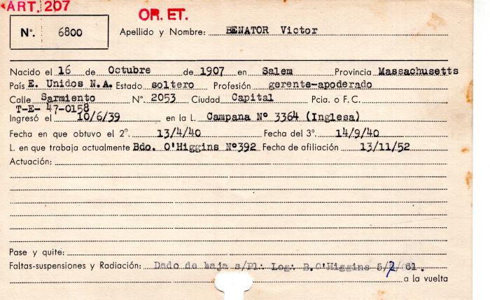 Ficha de miembro de Víctor Benator.
