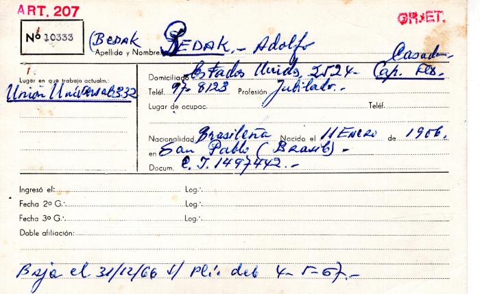 Ficha de miembro de Adolfo Bedak.