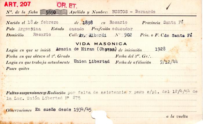 Ficha de miembro de Bernardo Bustos.