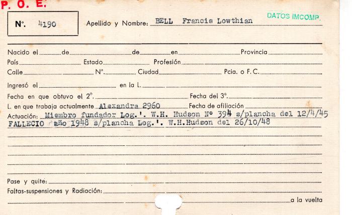 Ficha de miembro de Francis Lowthian Bell.