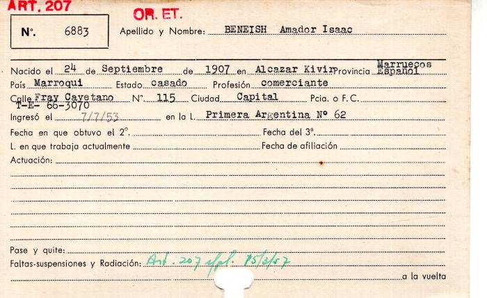 Ficha de miembro de Amador Isaac Beneish.