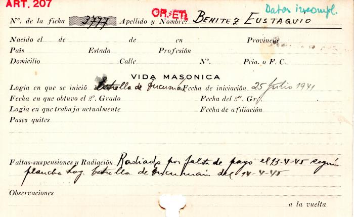 Ficha de miembro de Eustaquio Benitez.