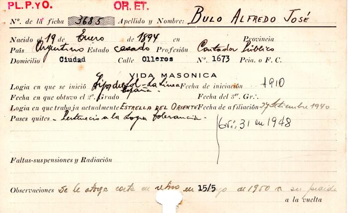 Ficha de miembro de Alfredo José Bulo.