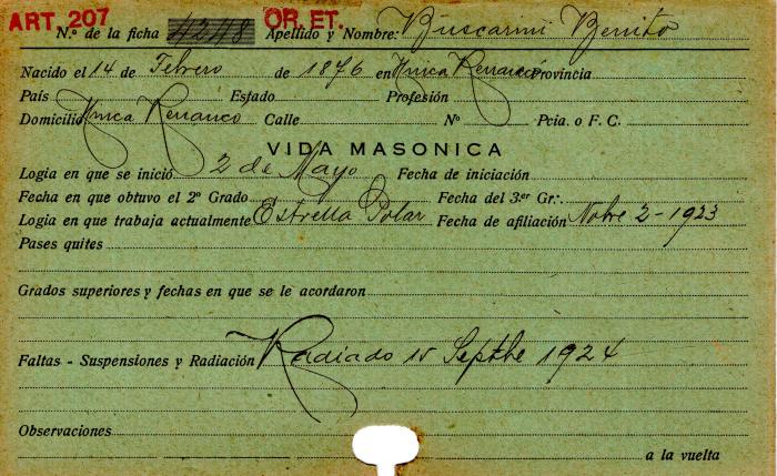 Ficha de miembro de Benito Buscarini.