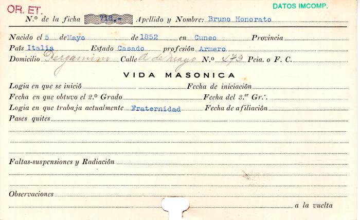 Ficha de miembro de Honorato Bruno.