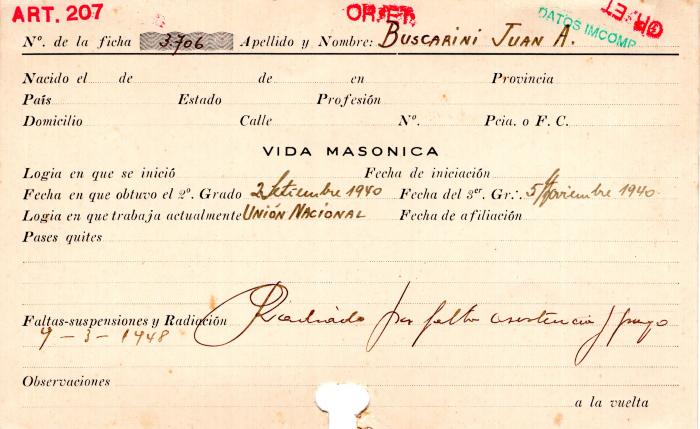 Ficha de miembro de Juan A. Buscarini.