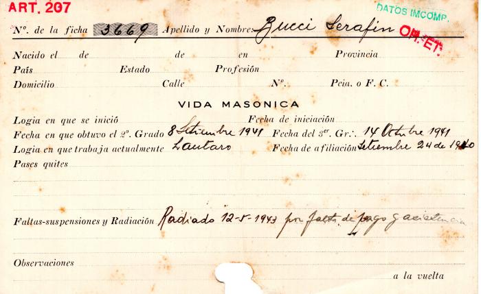 Ficha de miembro de Serafín Bucci.