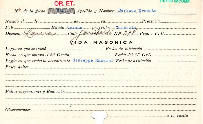 Ficha de miembro de Ernesto Berisso.