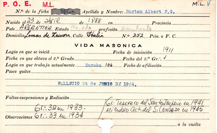 Ficha de miembro de Albert F. G. Burton.
