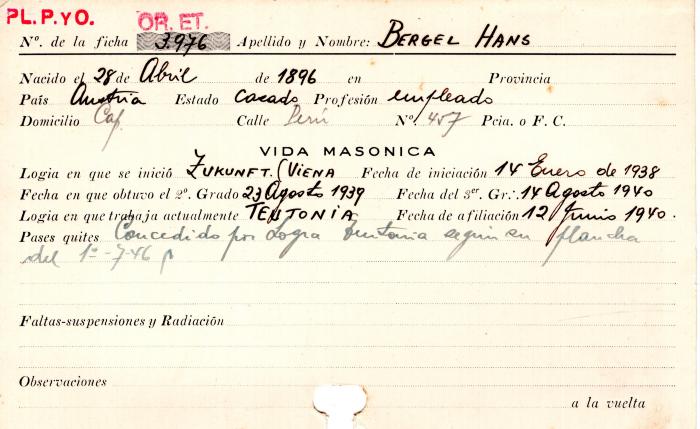 Ficha de miembro de Hans Bergel.