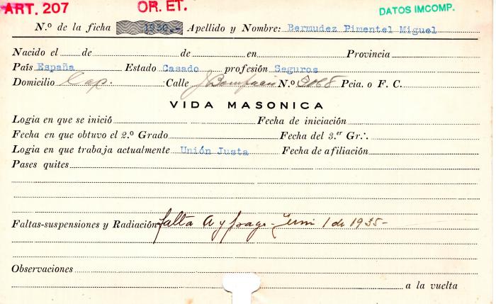 Ficha de miembro de Miguel Bermudez Pimentel.