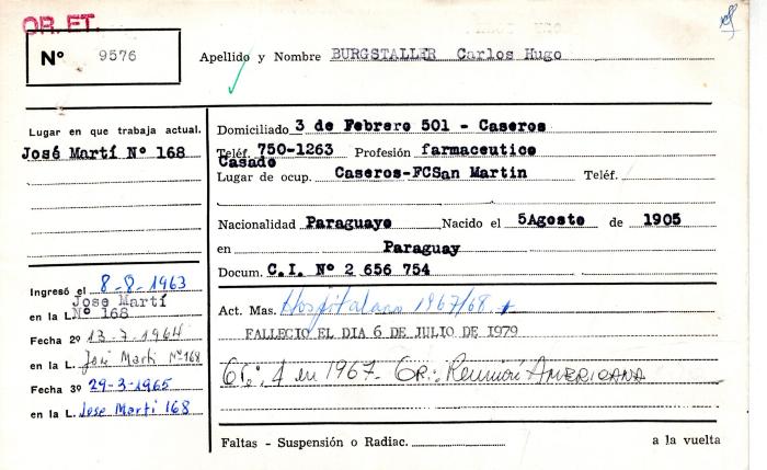 Ficha de miembro de Carlos Hugo Burgstaller.