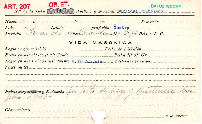 Ficha de miembro de Francisco Buglione.