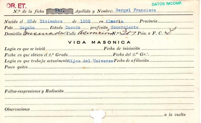 Ficha de miembro de Francisco Bergel.