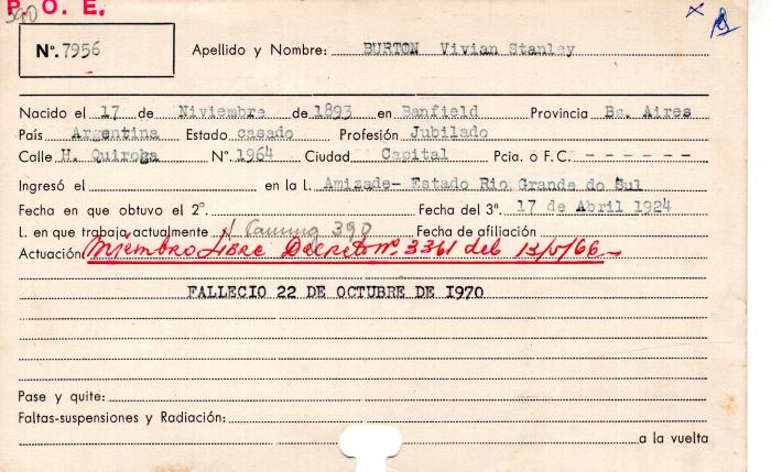 Ficha de miembro de Vivian Stanley Burton.