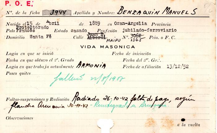 Ficha de miembro de Manuel S. Benzaquin.