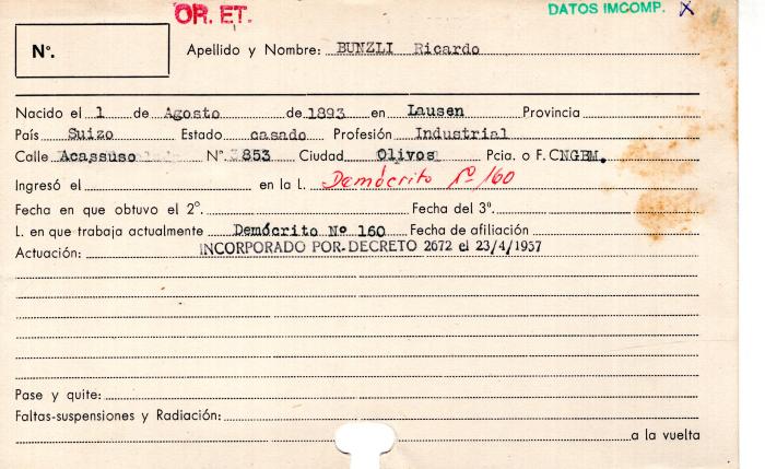 Ficha de miembro de Ricardo Bunzli.