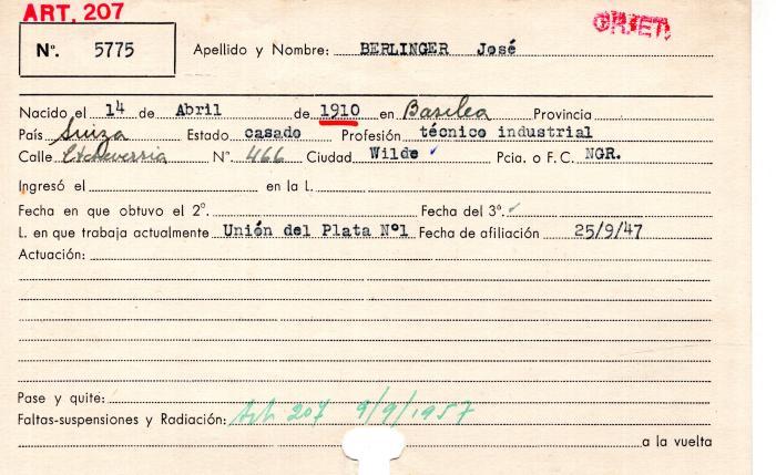Ficha de miembro de José Berlinger.
