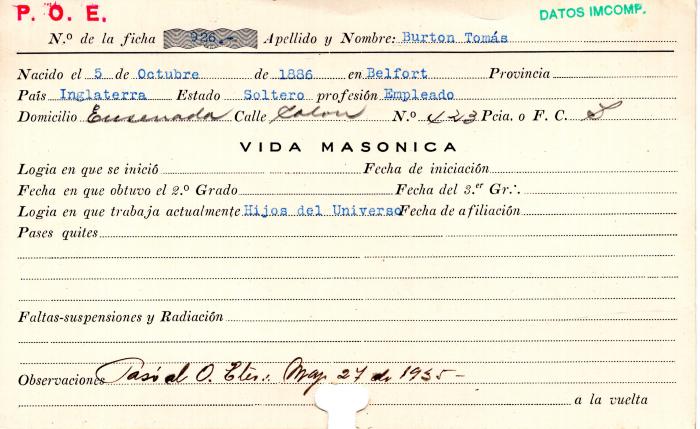 Ficha de miembro de Tomás Burton.