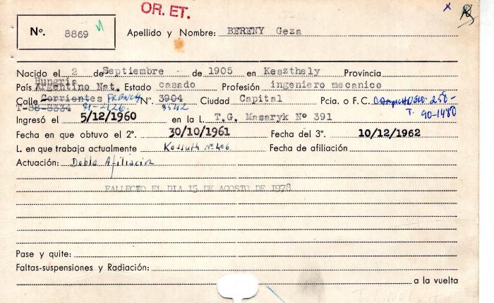 Ficha de miembro de Geza Bereny.