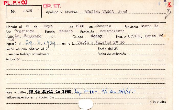 Ficha de miembro de José Benzina Vacca.