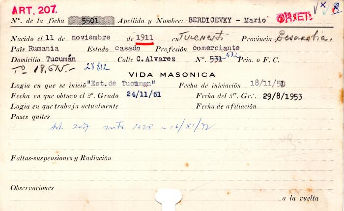 Ficha de miembro de Mario Berdicevky.
