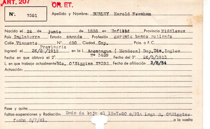 Ficha de miembro de Harold Newsham Burley.