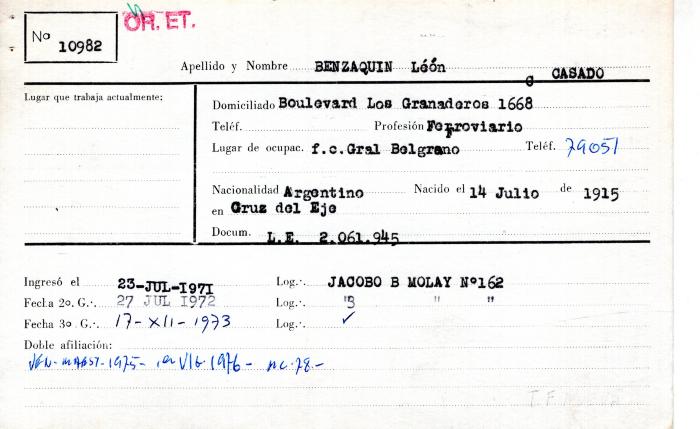 Ficha de miembro de León Benzaquin.