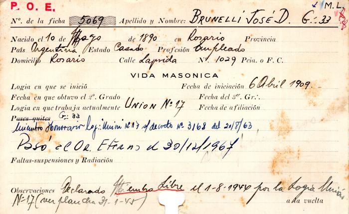 Ficha de miembro de José D. Brunelli.